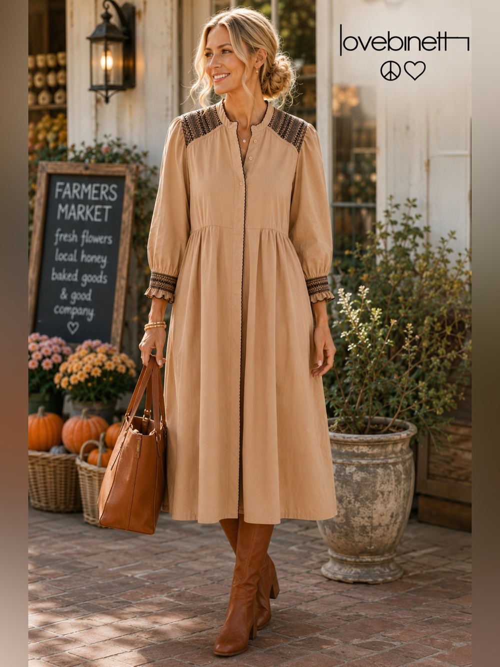 Love Binetti Beige Cotton Smocked Shirt Dress Boho Artisan Long Sleeve Size M
